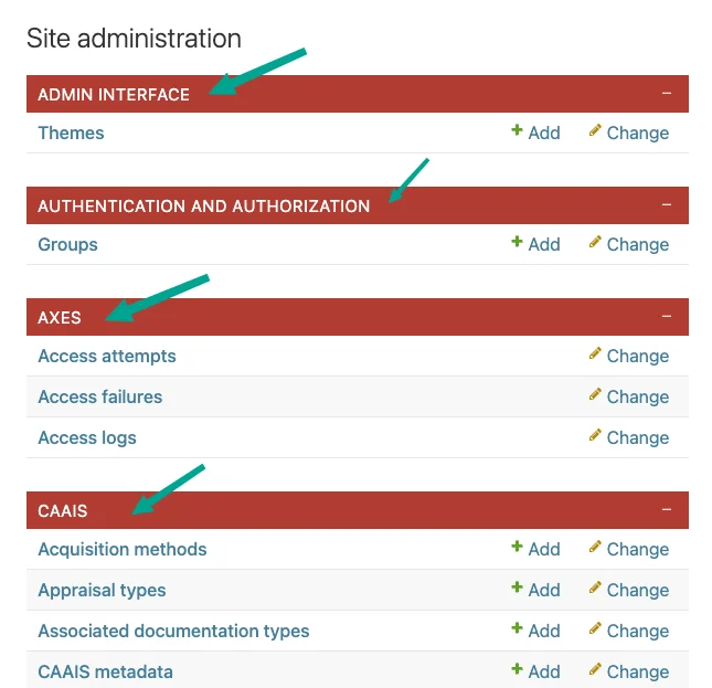 Example of app modules styling in admin interface