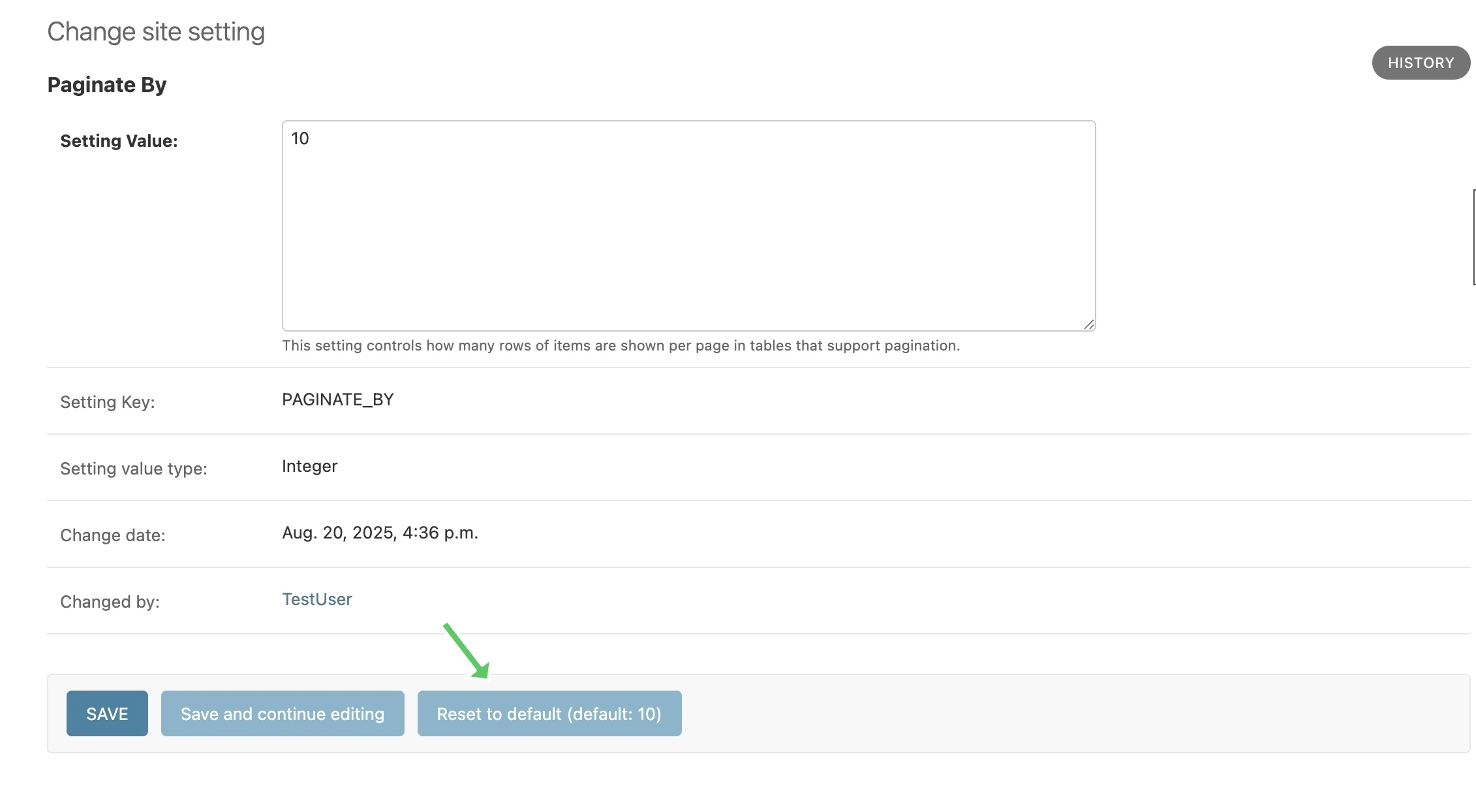 Reset Site Setting button in admin app