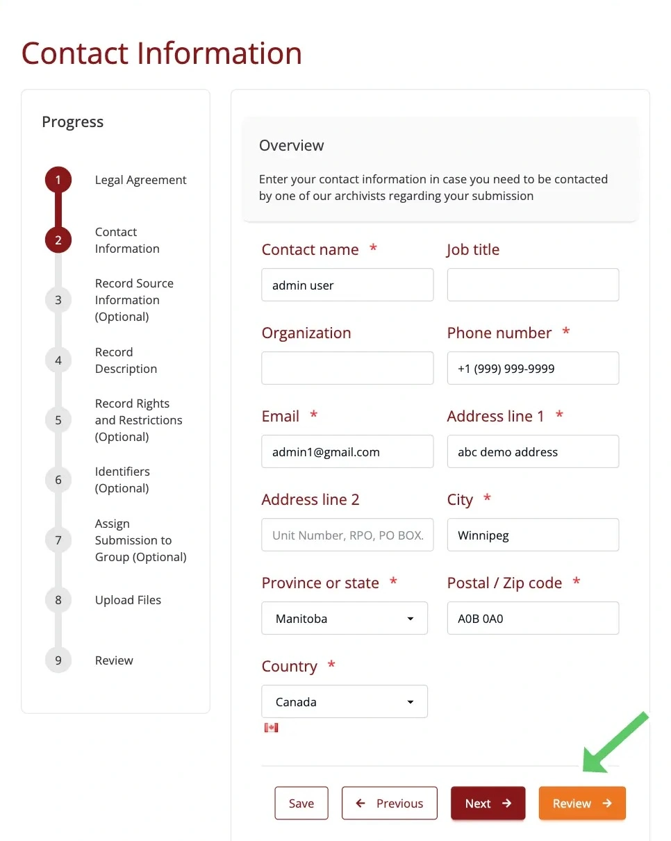 Step 9 of the submission form, returning to the review step